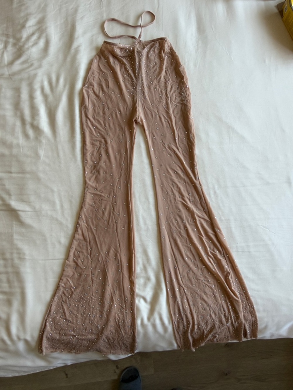 Embellished Sheer Flare Pants in Nude Pink